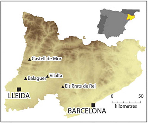 Figure 2. Locations of four case studies in western Catalonia. (Map: Alex Turner).