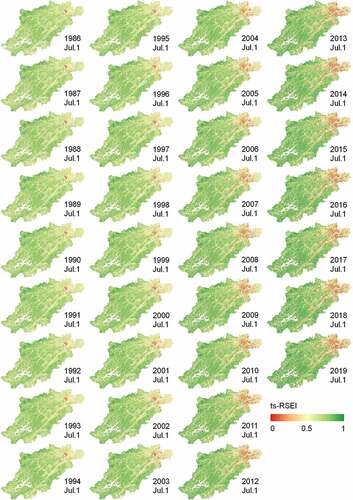 Figure 9. Spatial divergence of ecological quality in Hangzhou during 1986–2019 evaluated by annual ts-RSEI. For each annual ts-RSEI, the date of Jul. 1 of the corresponding year was used.