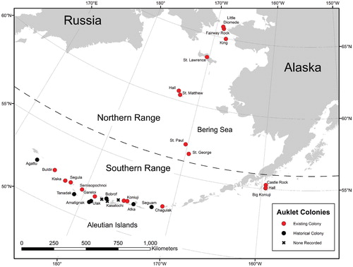 FIGURE 3. Map of existing (red circles) and historical (black circles) least and crested auklet colonies in Alaska. X's show recently active volcanoes within the breeding range that are not known to support nesting habitat.