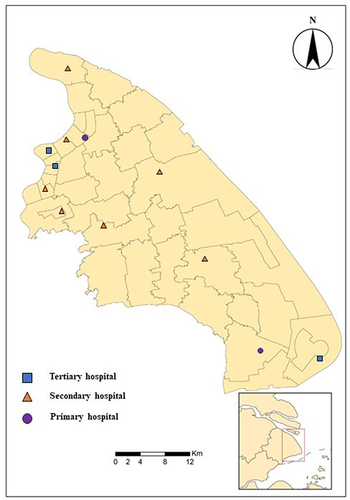 Figure 1 Distribution of 12 sentinel hospitals in Pudong New Area of Shanghai, China.