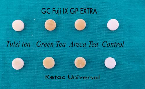Figure 1 Representative images of staining on GC Fuji IX GP EXTRA and Ketac Universal after 60 days of exposure to various tea preparations.