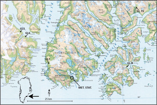 Fig. 1  The location of Milthers’ glaciers and the meteorological station in Tasiilaq. Source: map 65Ø 1 and 2 (original scale 1:250.000) by the Danish Institute of Geodesy, mapped 1932–33, revised in 1945 and 1969. Contour intervals 50 m. (Reproduced with permission of Kort & Matrikelstyrelsen, G 15-99.)