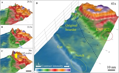 Figure 4. Visualization of evolution of reconstructed surface during stage IV of aluminum-CNT composite deformation. Panel (A) shows the surface topology in strain contrast mapping at 29.5 s. The color indicates contrast intensity, according to the legend bar at lower-left. Four characteristic, topological features may be identified: a plateau area of high strain (yellow-red), a shear line (green), base area of low strain (blue), and a CNT (green surrounded by red, see also panel (D)). Panel (B) shows how the topology on the plateau evolves over 4 s from its early-stage appearance. Note the line of shear (dashed line) and strain redistribution (arrows). At 36 s, panel (C) indicates strain redistribution (self-organization) continuing with significant changes in both the plateau boundary and intensity distribution. After another 5 s, panel (D) shows the plateau topology seems to have converged, as is the case for the surrounding areas of lower strain. Other nearby defect features we have previously noted (recall Figure 2) are indicated.