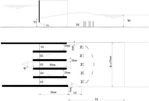 Figure 1. Definition sketch for submerged flow DS of multi-gate regulators.