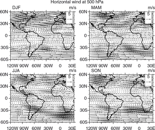 Fig. 12 Horizontal wind vector (m s−1) seasonal maps at 500 hPa from ECMWF ERA-Interim Global Reanalysis at 0.25°×0.25° resolution based on 2008–2012 data.