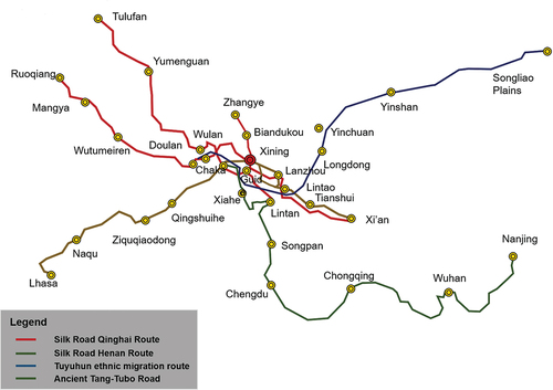 Figure 2. Ancient traffic routes in Qinghai province (202 B.C.–907 A.D.).