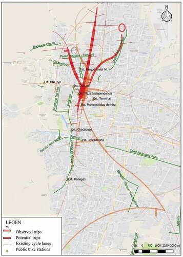 Figure 7. Synthesis map: spatial distribution of trips in relation to existing bicycle lanes. Base map by OpenStreetMap.