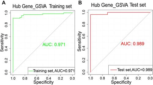 Figure 6 Gene set variation analysis (GSVA) score model. (A) Receiver operating characteristic (ROC) curve of the training set. (B) ROC of the test set.