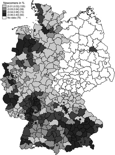 Figure 1. Share of newly arrived European Union immigrants among the total population, 2011.Note: Cluster method: quantiles.