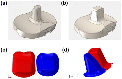 Figure 2. (a) Tibial polyethylene insert for the conventional version; (b) tibial polyethylene insert for the semi-constrained version; (c) top view of the semi-constrained cam (red) and the conventional cam (blue); and (d) lateral view of the semi-constrained post (red) and the conventional post (blue).