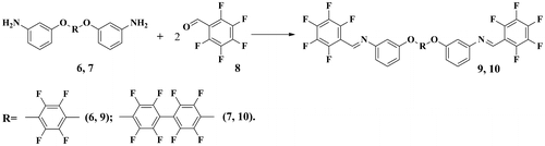 Scheme 2. Synthesis of bis(pentaflurophenyl)azomethine-containing derivatives 9 and 10.