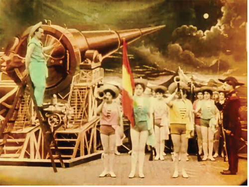 Figure 6. Lady sailors in the scene entitled ‘Saluting the Flag’ in Le voyage dans la Lune by Georges Melies (1902).