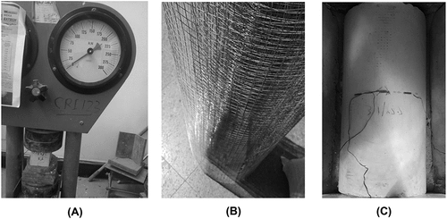 Figure 7. (A) Uniaxial compression test, (B) steel mesh, (C) strain gauge on CCT.