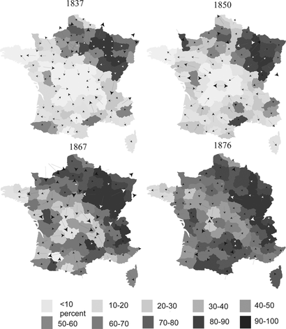 Figure 4 Boys schooling: Level sets in grey and their set derivatives as arrows with length representing |ϕ| and direction as . Deciles of level sets correspond, respectively, to schooling incidences of 35%, 46%, 52%, 61%, 68%, 73%, 78%, 85%, and 92%.