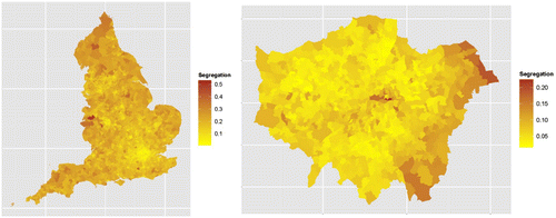 Figure 2. Map of ethnic segregation in small areas in England (left) and in London (right).