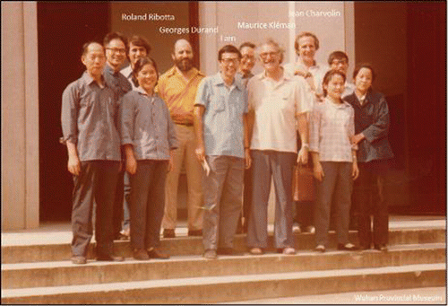 Figure 9. Orsay's “Gang of Four” (Jean Charvolin, Georges Durand, Maurice Kléman and Roland Ribotta) with their local hosts at Wuhan Provincial Museum, Wuhan (Sept. 1980).