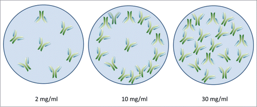 Figure 5. Model of the spatial distribution of antibodies in aerosol droplets as a function of antibody concentration.