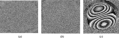 Figure 10 (a) Phase map before mechanical loading, (b) Phase map after mechanical loading, (c) Difference phase map.