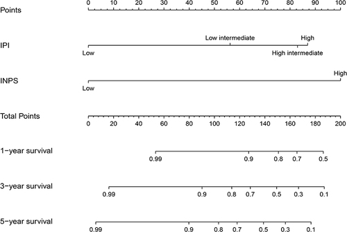 Figure 3 Prognostic nomogram based on INPS for DLBCL patients. The nomogram for predicting 1-, 3- and 5-year survival probability in DLBCL patients.