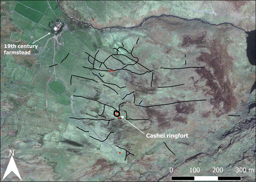 Fig 6 Preliminary map of previously unrecorded archaeological features surviving upslope of an in-use hill farm in Cloon West (Co Kerry, Ireland). Red dots mark hut sites, and black lines mark relict walls. Map by author, satellite image data by Google Earth, Maxar Technologies.