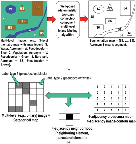 Figure 31. One segmentation map is deterministically generated from one multi-level (e.g. binary) image, such as a thematic map, but the vice versa does not hold, i.e. many multi-level images can generate the same segmentation map. (a) To accomplish the deterministic task of segmentation map generation from a multi-level image, the two-pass connected-component multi-level image labeling algorithm (Dillencourt et al., Citation1992; Sonka et al., Citation1994) requires two raster scans of the input data set. In the figure above, as an example, nine image-objects/segments S1 to S9 can be detected in the 3-level thematic map shown at left. (b) Example of a 4-adjacency cross-aura map, shown at right, where 4-adjacency cross-aura values belong to range {0, 4}, generated in linear time from a multi-level image, such as a two-level image, shown at left. In addition to depicting image-object contours for qualitative visual assessment, these 4-adjacency contour values are suitable for shape index estimation, such as scale-invariant roundness (compactness and no holiness) in range [0.0, 1.0] (Baraldi, Citation2017; Baraldi & Soares, Citation2017).