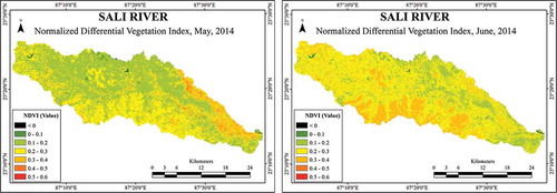 Figure 4. NDVI of Sali River for the month of May (left) and June (right).