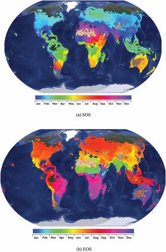 Figure 4. Wheat crop calendar maps over a base map from the Google Earth dataset. Locations with no agricultural areas are excluded. Furthermore, the color legend is circular, meaning that the blue color of December 31 matches the blue color of January 1.