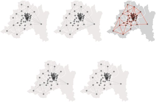 Figure 1. a. Queen-style contiguity matrix. b. Matrix with Delaunay triangulation. c. Matrix with SOI model, highlighted in colour. d. Matrix based on neighbours by distance with k = 4. e. Matrix based on neighbours by distance with k = 2.Note: Santiago Metropolitan Region has been used as an example. Based on data from IDE-Chile and SUBDERE (Citation2018, Citation2020).