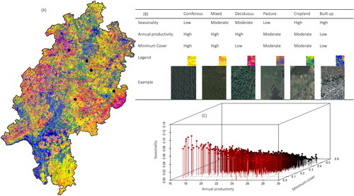 Figure 4. The combined components of the dynamic habitat index derived from 2017 to 2020 (a). this composite image was developed by assigning the annual productivity to the red band, the minimum cover to the green band and the seasonality to the blue band. Blue areas have low annual productivity, low minimum cover and high seasonal variability. Thus, blue areas indicate the locations of the built-up areas. Bright yellow areas have a high annual productivity, a high minimum cover and low variability and represent locations with coniferous forests that were consistently green throughout the year. Purple areas or pastures indicate landscapes with medium annual productivity, medium minimum cover and low variability. Green areas or croplands indicate moderate landscape greenness that varies throughout the year. Red areas or deciduous forest have high annual production, moderate minimum cover and high seasonality. Black points on the map refer to the example areas (B) the three-dimensional scatterplot indicates three components of the DHI. The areas with high seasonality have lower annual productivity and minimum cover than the areas with low seasonality.