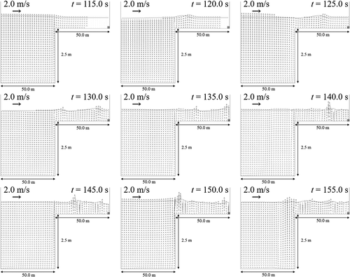 Figure 19. The time variations of the water surface profile and velocity vectors in the cross-section at x = 600.0 m, when the tsunamis ascend the river with the compound cross-section depicted in Figure 18. The incident solitary wave height H0 was 0.5 m.