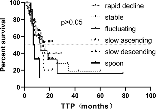 Figure 5 Comparison of prognosis (time to progression, TTP) between different sHER2 dynamic change curves. Pairwise comparison of different curve types found that the TTP of patients in the spoon group was shorter than that of the rapid decline type, stable type, and slow descending type (p=0.028, 0.038, and 0.007, respectively).