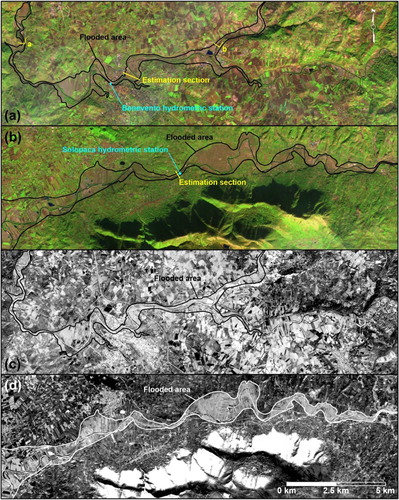 Figure 2. False color image composition maps (11-8-3 channels) showing the area flooded by the October event (black polygon) along the (a) eastern and (b) western river segments and NDWI maps showing the flooded area (black/white polygon) of the same segments (c and d, respectively) of the Benevento Province. Yellow symbols indicate position and direction of taking of photos in Figure 3. See Figure 1 for map positions and extent.