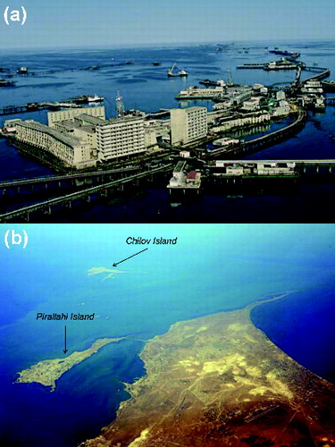 Figure 2. (a) Picture of the Oil Rocks Settlement; (b) picture of Pirallahi and Chilov Islands.