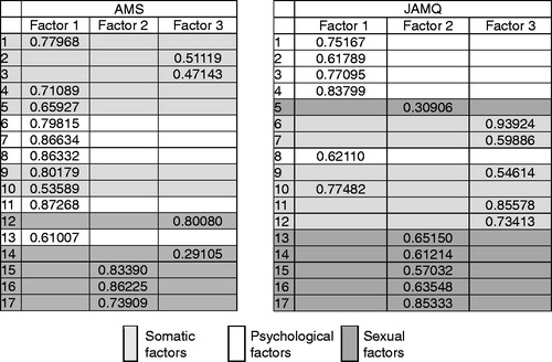 Figure 1. Factor Patterns of AMS and JAMQ (Varimax Rotation).