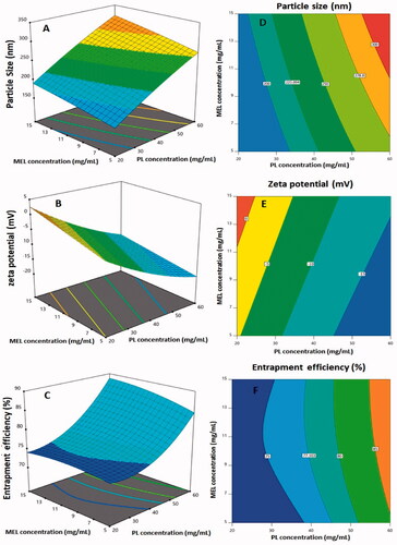 Figure 2. Response 3D-plots (A–C) and contour 2D-plots (D–F) for the influence of PL concentration (X1) and MEL concentration (X2) on the responses of RLX-PL-MEL nanovesicles. RLX: raloxifene; PL: phospholipid; MEL: melittin.