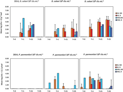 Fig. 3 Population densities of Dickeya solani and Pectobacterium parmentieri (respectively, the upper and lower row of graphs) in leaves at 0, 1, 21 and 35 days after spraying potato leaves with suspensions of 102, 104 and 106 cfu mL−1. Results are summarized of the glasshouse experiment in 2014. W = leaves wounded prior to inoculation, NW = leaves not wounded prior to inoculation, D = leaves disinfected prior to analysis, ND = leaves not disinfected prior to analysis. Error bars show standard deviations