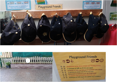 Image 3. Playground leader hats, the buddy bench and the role of playground frieNds (see appendix 3).