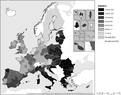 Figure 1. Quality of government variations across European Union regions.Source: Authors’ own elaboration based on the European quality of government index (EQI).