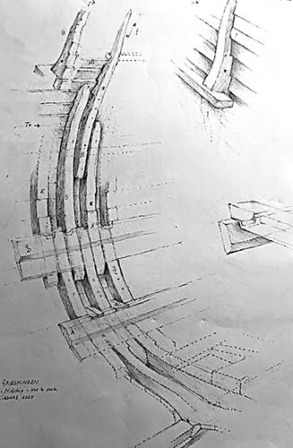 Figure 21. Reconstruction drawing showing the parts of the hull revealed by the 2019 excavation. Upper, outboard timbers only partially excavated so relationships are hypothetical. Not to scale. (Source: J. Adams).