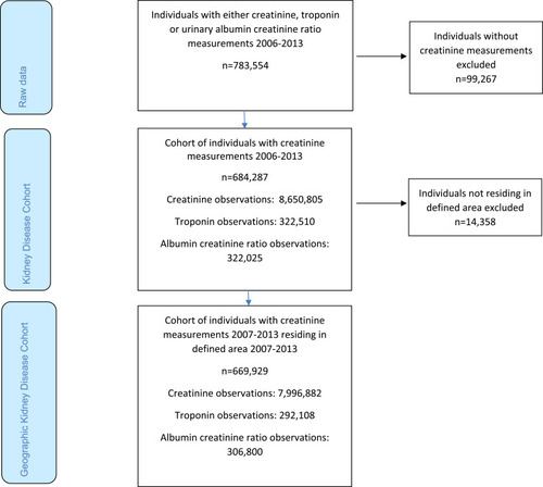 Figure 2 Flowchart on patients included in the Kidney Disease Cohort showing number of individuals in terms of; raw data, Kidney Disease Cohort and geographical Kidney Disease Cohort.
