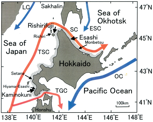 Fig. 1. Schematic diagram of ocean currents and study sites around Hokkaido, Japan. The red and blue arrows indicate warm and cold water currents, respectively. TSC, Tsushima warm current; TGC, Tsugaru warm current; SC, Soya warm current; OC, Oyashio cold current (Kurile current); LC, Liman cold current; ESC, East Sakhalin current. Sea urchin removal experiments were conducted in the southwestern (SW; Kaminokuni), northwestern (NW; Rishirifuji) and northeastern (NE; Esashi) coastal regions of Hokkaido. Oceanographic surveys were conducted at Kaminokuni, Hiyama-Esashi, Setana, Rishiri, Rishirifuji, and Monbetsu coastal regions. Shaded areas along the coastline indicate the occurrence of sea urchin barrens.