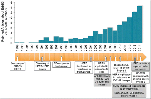 Figure 1. An avalanche of HER3 studies. The histogram depicts the yearly number of HER3/ERBB3 reports, which became available through Pubmed since the early 1990s. The timeline at the bottom identifies and dates some milestones in HER3 research since the discovery of the protein and transcript in 1989.