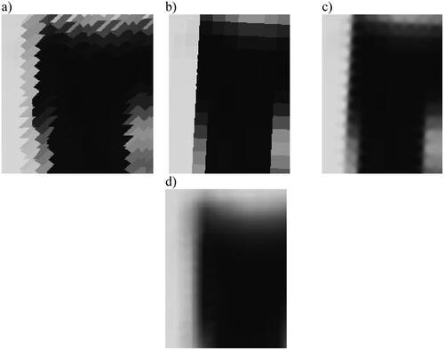 Figure 18. Indoor spectral interpolation: (a) pixels without interpolation; (b) aliasing of nearest neighbor; (c) aliasing using weighted linear interpolation using 5 nearest neighbors; (d) natural neighbor interpolation.