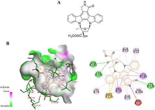 Figure 2. (A) The chemical structure of K252a. (B) Interaction of K252a with AAK1 (protein data bank (PDB) ID: 4WSQ). Inhibitors are shown in stick representation with yellow carbon atoms. Key interacting residues are shown and labelled.