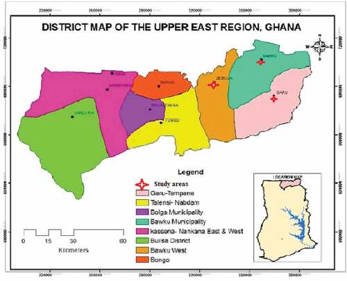 Figure 1. A map of Ghana showing the upper east region and the study communities. source: adopted and modified from Steve ampofo (2015).