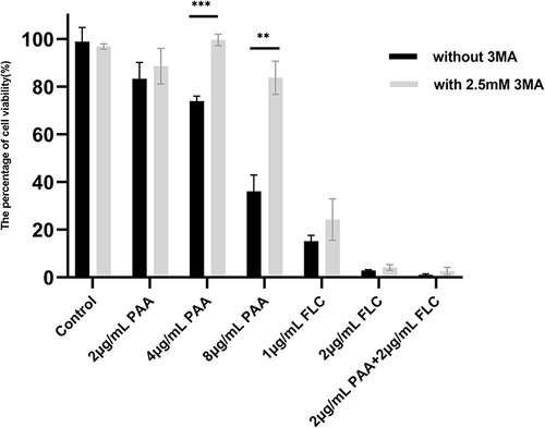 Figure 5 Changes in cell viability with the autophagy inhibitor 3-MA. C. tropicalis was treated with PAA and FLC with or without 3-MA. Metabolic activity was assessed by the XTT method at 24 h in 96-well plate. Data were expressed as means±SE (n = 3). **p < 0.01, ***p < 0.001.