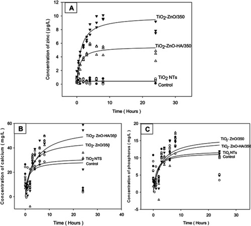 Figure 4 Dialysis of titanium alloy discs coated with either TiO2 NTs (• Symbol), TiO2 NTs decorated with nZnO (TiO2–ZnO/350,▼Symbol), or also with hydroxyapatite (TiO2-ZnO-HA/350, ∆ Symbol) in simulated body fluid (1× SBF). Concentration of (A) total zinc measured by the ICP-MS, (B) total calcium, and (C) total phosphorus measured by the ICP-OES, in SBF from the dialysis in the external compartment of the beakers. Data are single values from triplicate beakers. The curves were fitted to the raw data using a rectangular hyperbola in SigmaPlot.