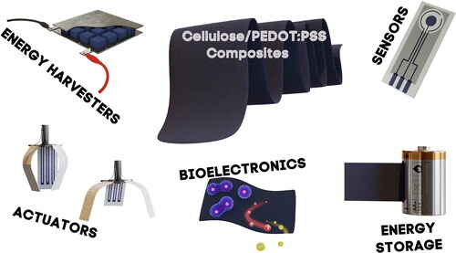 Figure 6. Cellulose/PEDOT:PSS composites incorporated into their main electroactive applications.