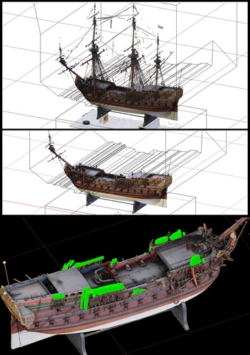 Figure 3. The editing of scale model scans to remove rigging. Bespoke geometrical shapes (shown in green) were created for each model to remove most of the rigging, with detailed manual editing of smaller features near the hull. (Author).