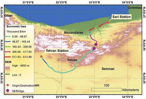 Figure 16. Estimated economic loss map for the Tehran-Sari railway.